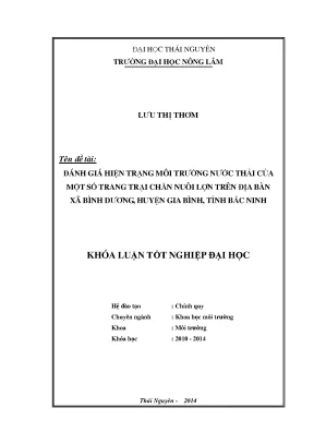 Luận văn thạc sĩ đánh giá hiện trạng môi trường nước thải của một số trang trại nuôi lợn trên địa bàn xã bình dương huyện gia bình tỉnh bắc ninh