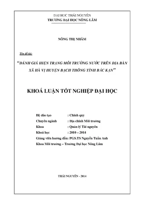Luận văn thạc sĩ đánh giá hiện trạng môi trường nước trên địa bàn xã hà vị huyện bạch thông tỉnh bắc kạn