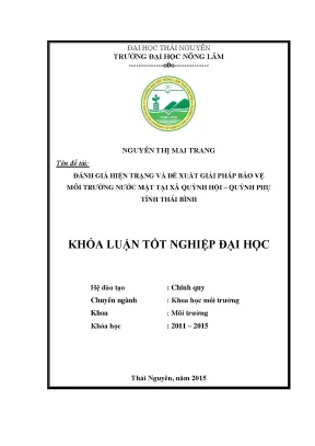 Luận văn thạc sĩ đánh giá hiện trạng và đề xuất giải pháp bảo vệ môi trường nước mặt tại xã quỳnh hội quỳnh phụ tỉnh thái bình