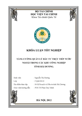 Luận văn tốt nghiệp tăng cường quản lý đầu tư trực tiếp nước ngoài trong các khu công nghiệp tỉnh hải dương