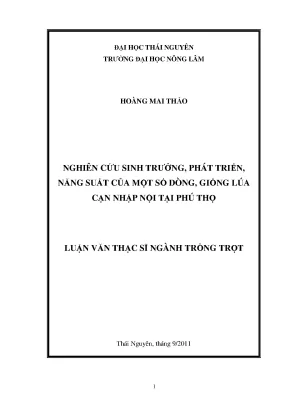 Luận văn thạc sĩ nghiên cứu sinh trưởng phát triển năng suất của một số dòng giống lúa cạn nhập nội tại phú thọ