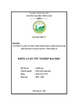 Luận văn thạc sĩ vai trò của phụ nữ trong phát triển kinh tế hộ trên địa bàn xã bảo thành huyện yên thành tỉnh nghệ an