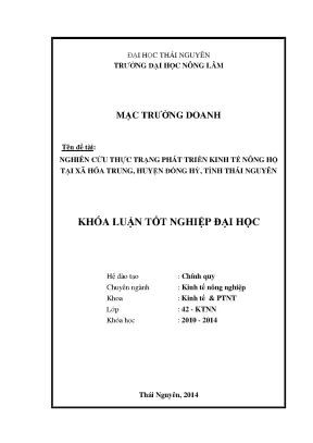 Luận văn thạc sĩ nghiên cứu thực trạng phát triển kinh tế nông hộ tại xã hóa trung huyện đồng hỷ tỉnh thái nguyên