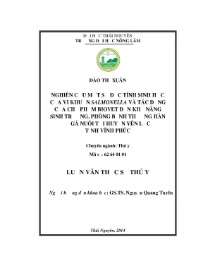 Luận văn thạc sĩ nghiên cứu một số đặc tính sinh học của vi khuẩn salmonella và tác dụng của chế phẩm biovet đến khả năng sinh trưởng phòng bệnh thương hàn ở gà nuôi tại huyện yên lạc