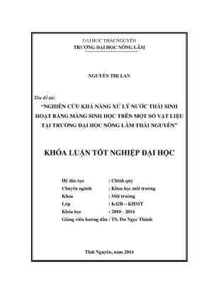 Luận văn thạc sĩ nghiên cứu khả năng xử lý nước thải sinh hoạt bằng màng sinh học trên một số vật liệu tại trường đại học nông lâm thái nguyên