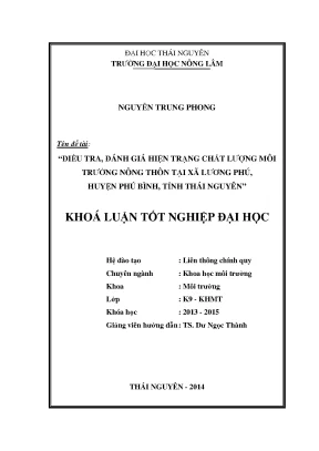 Luận văn thạc sĩ điều tra đánh giá hiện trạng chất lượng môi trường nông thôn tại xã lương phú huyện phú bình tỉnh thái nguyên