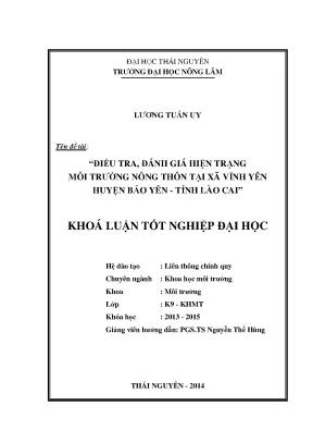 Luận văn thạc sĩ điều tra đánh giá hiện trạng môi trường nông thôn tại xã vĩnh yên huyện bảo yên tỉnh lào cai