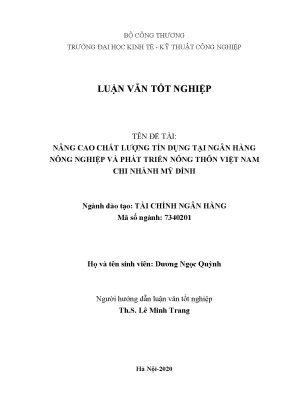 Luận văn tốt nghiệp chất lượng tín dụng tại ngân hàng nông nghiệp và phát triển nông thôn việt nam chi nhánh mỹ đình