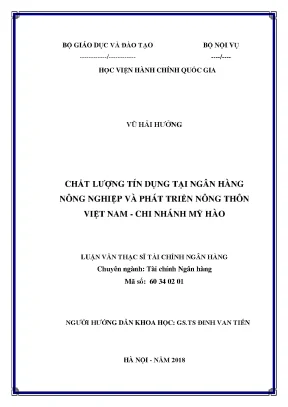 Luận văn thạc sĩ chất lượng tín dụng tại ngân hàng nông nghiệp và phát triển nông thôn việt nam chi nhánh mỹ hào