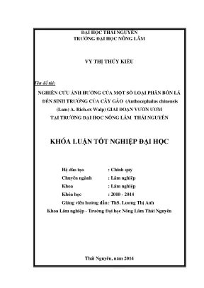 Luận văn thạc sĩ nghiên cứu ảnh hưởng của một số loại phân bón lá đến sinh trưởng của cây gáo anthocephalus chinensis lam a rich ex walp giai đoạn vườn ươm