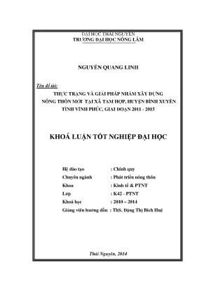 Luận văn thạc sĩ thực trạng và giải pháp nhằm xây dựng nông thôn mới tại xã tam hợp huyện bình xuyên tỉnh vĩnh phúc giai đoạn 2011 2015