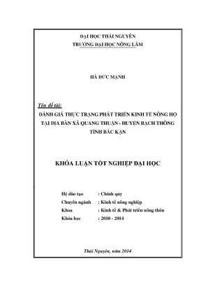 Luận văn thạc sĩ đánh giá thực trạng phát triển kinh tế hộ tại xã quang thuận huyện bạch thông tỉnh bắc kạn