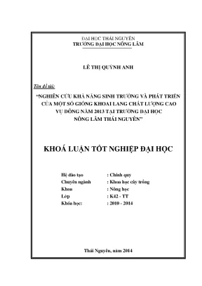 Luận văn thạc sĩ nghiên cứu khả năng sinh trưởng và phát triển của một số giống khoai lang chất lượng cao vụ đông năm 2013 tại trường đại học nông lâm thái nguyên
