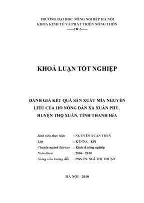 Luận văn tốt nghiệp kết quả sản xuất mía nguyên liệu của hộ nông dân xã xuân phú huyện thọ xuân tỉnh thanh hóa