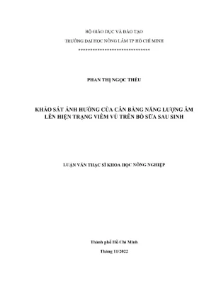 Luận văn thạc sĩ thú y khảo sát ảnh hưởng của cân bằng năng lượng âm lên hiện trạng viêm vú trên bò sữa sau sinh