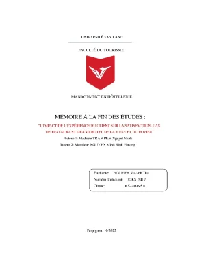 Mémoire à la fin des études limpact de lexpérience du client sur la satisfaction cas de restaurant grand hotel de la muse et du rozier