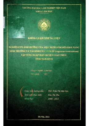Nghiên cứu ảnh hưởng của việc nuôi tôm đến khả năng sinh trưởng và tái sinh của loài sú aegiceras corniculatum tại vùng ngập mặn huyện giao thủy tỉnh nam định