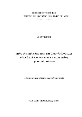 Luận văn thạc sĩ thú y khảo sát khả năng sinh trưởng và năng suất sữa của dê lai f1 saanen x bách thảo tại tp hồ chí minh