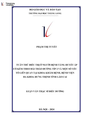 Tuân thủ điều trị ở người bệnh tăng huyết áp có kèm theo đái tháo đường típ 2 và một số yếu tố liên quan tại khoa khám bệnh bệnh viện đa khoa hưng thịnh tỉnh lào cai
