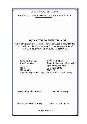 Ứng dụng kết quả nghiên cứu khoa học nhằm nâng cao chất lượng sản phẩm cây trồng nghiên cứu trường hợp xoài yên châu tỉnh sơn la