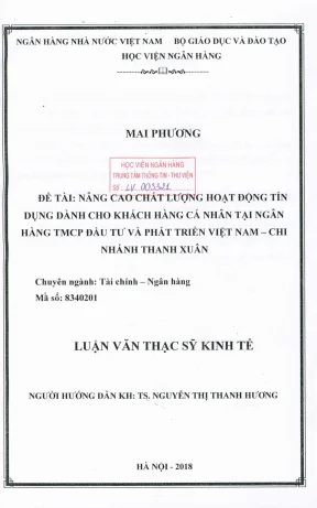 Luận văn thạc sĩ tài chính ngân hàng nâng cao chất lượng hoạt động tín dụng dành cho khách hàng cá nhân tại ngân hàng tmcp đầu tư và phát triển việt nam