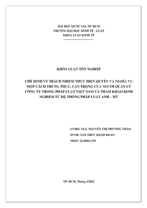 Chế định về trách nhiệm thực hiện quyền và nghĩa vụ r nmột cách trung thực cẩn trọng của người quản lý r ncông ty trong pháp luật việt nam và tham khảo kinh r nnghiệm từ hệ thống pháp luật anh mỹ