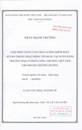 Luận văn thạc sĩ tài chính ngân hàng giải pháp nâng cao chất lượng kiểm soát rủi ro trong hoạt động tín dụng tại ngân hàng thương mại cổ phần công thương việt nam chi nhánh chương dương