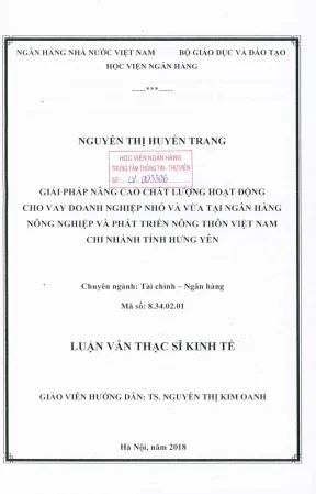 Luận văn thạc sĩ tài chính ngân hàng giải pháp nâng cao chất lượng hoạt động cho vay doanh nghiệp nhỏ và vừa tại ngân hàng nông nghiệp và phát triển nông thông việt nam chi nhánh tình hưng yên