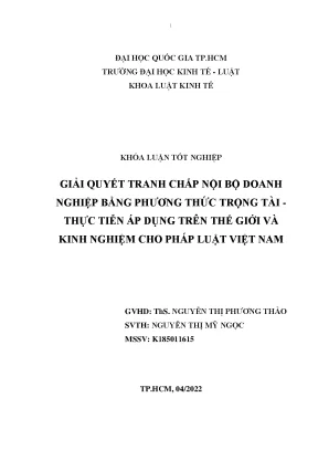 Giải quyết tranh chấp nội bộ doanh r nnghiệp bằng phương thức trọng tài r nthực tiễn áp dụng trên thế giới và r nkinh nghiệm cho pháp luật việt nam