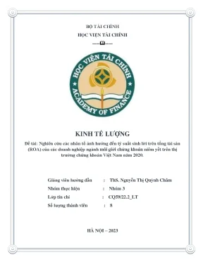 Đề tài nghiên cứu các nhân tố ảnh hưởng đến tỷ suất sinh lời trên tổng tài sản roa của các doanh nghiệp ngành môi giới chứng khoán niêm yết trên thị trường chứng khoán việt nam năm 2020