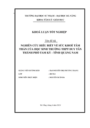 Nghiên cứu hiểu biết về sức khoẻ tâm thần của học sinh trường thpt duy tân thành phố tam kỳ tỉnh quảng nam