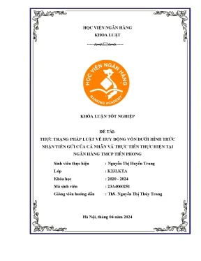 Thực trạng pháp luật về huy động vốn dưới hình thức nhận tiền gửi của các cá nhân và thực tiễn thực hiện tại ngân hàng tmcp tiên phong