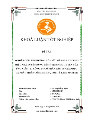 Nghiên cứu ảnh hưởng của sức hấp dẫn thương hiệu nhà tuyển dụng đến ý định ứng tuyển của ứng viên tại công ty cổ phần đầu tư giáo dục và phát triển công nghệ quốc tế langmaster
