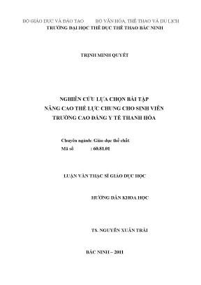 Luận văn thạc sĩ nghiên cứu lựa chọn bài tập nâng cao thể lực chung cho sinh viên trường cao đẳng y tế thanh hóa