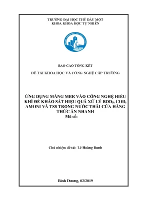 Ứng dụng màng mbr vào công nghệ hiếu khí để khảo sát hiệu quả xử lý bod2 cod amoni và ss trong nước thải cửa hàng thức ăn nhanh