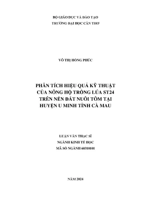 Phân tích hiệu quả kỹ thuật tôm của nông hộ trồng lúa st24 trên nền đất nuôi tại huyện u minh tỉnh cà mau