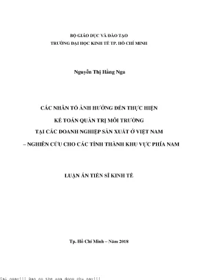 Các nhân tố ảnh hưởng đến thực hiện kế toán quản trị môi trường tại các doanh nghiệp sản xuất ở việt nam nghiên cứu cho các tỉnh thành khu vực phía nam