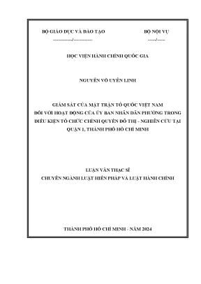 Giám sát của mặt trận tổ quốc việt nam đối với hoạt động của ủy ban nhân dân phường trong điều kiện tổ chức chính quyền đô thị nghiên cứu tại quận 1 thành phố hồ chí minh