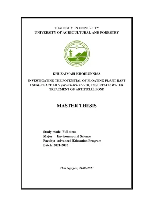 Investigating the potential of floating plant raft using peace lily spathiphyllum in surface water treatment of artificial pond