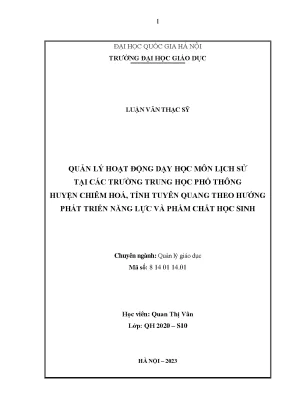 Quản lý hoạt động dạy học môn lịch sử tại các trường trung học phổ thông huyện chiêm hoá tỉnh tuyên quang theo hướng phát triển năng lực và phẩm chất học sinh