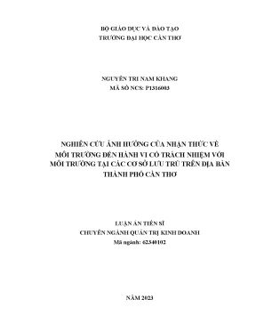 Nghiên cứu ảnh hưởng của nhận thức về môi trường đến hành vi có trách nhiệm với môi trường tại các cơ sở lưu trú trên địa bàn thành phố cần thơ