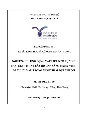 Nghiên cứu ứng dụng vật liệu keo tụ sinh học gel từ hạt cây bọ cạp vàng cassia fistula để xử lý màu trong nước thải dệt nhuộm