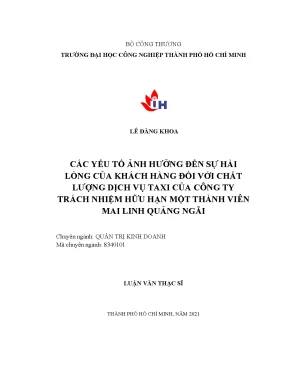 Các yếu tố ảnh hưởng đến sự hài lòng của khách hàng đối với chất lượng dịch vụ taxi của công ty tnhh mtv mai linh quảng ngãi