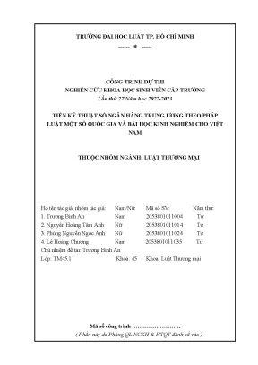 Tiền kỹ thuật số ngân hàng trung ương theo pháp luật một số quốc gia và bài học kinh nghiệm cho việt nam