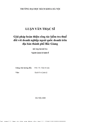 Giải pháp hoàn thiện ông tá kiểm tra thuế đối với doanh nghiệp ngoài quố doanh trên địa bàn thành phố bắ giang