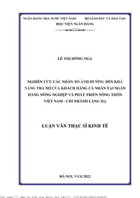 Các nhân tố ảnh hưởng đến khả năng trả nợ của khách hàng cá nhân tại ngân hàng nông nghiệp và phát triển nông thôn việt nam chi nhánh láng hạ