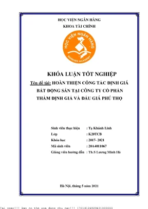 Hoàn thiện công tác định giá bất động sản tại công ty cổ phần thẩm định giá và đấu giá phú thọ