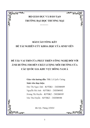 Vai trò của phát triển công nghệ đối với ảnh hưởng fdi đến chất lượng môi trường của các quốc gia khu vực đông nam á
