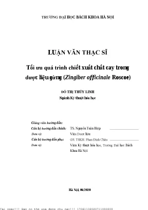 Tối ưu quá trình hiết xuất hất ay trong dượ liệu gừng zingiber offiinale rosoe