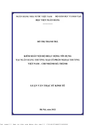 Kiểm soát nội bộ hoạt động tín dụng tại ngân hàng thương mại cổ phần ngoại thương việt nam chi nhánh hà thành